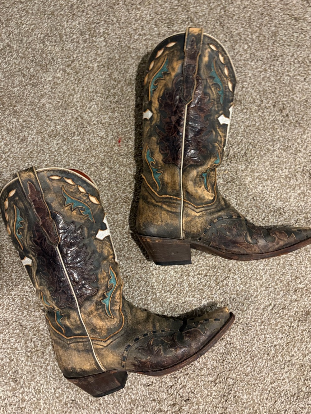 Dan Post Brown Western Boots with Teal and Cream Accents
